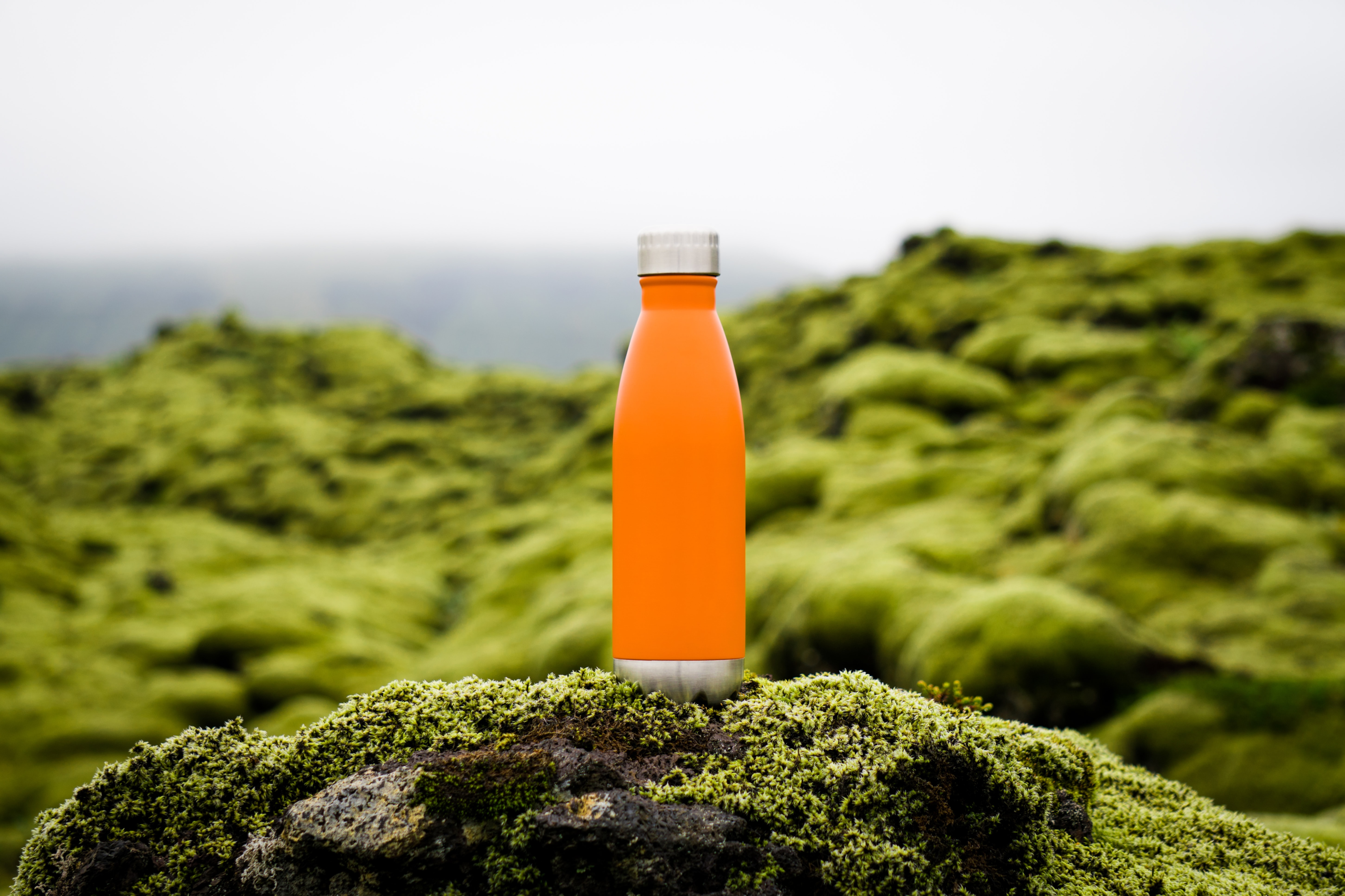 Une gourde de couleur orange est posée sur une roche en plein nature avec de la verdure comme arrière plan.