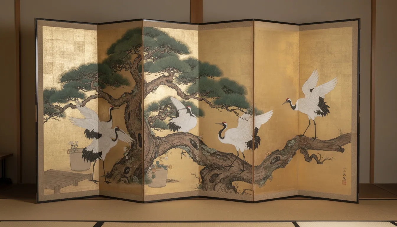 La imagen muestra un biombo japonés tradicional adornado con elegantes grullas entre frondosos pinos, simbolizando la buena fortuna y la longevidad en la cultura japonesa. Esta obra refleja las ricas tradiciones del arte y el folclore japoneses, enfatizando las grullas como símbolos auspiciosos a menudo asociados con la armonía y felicidad marital.