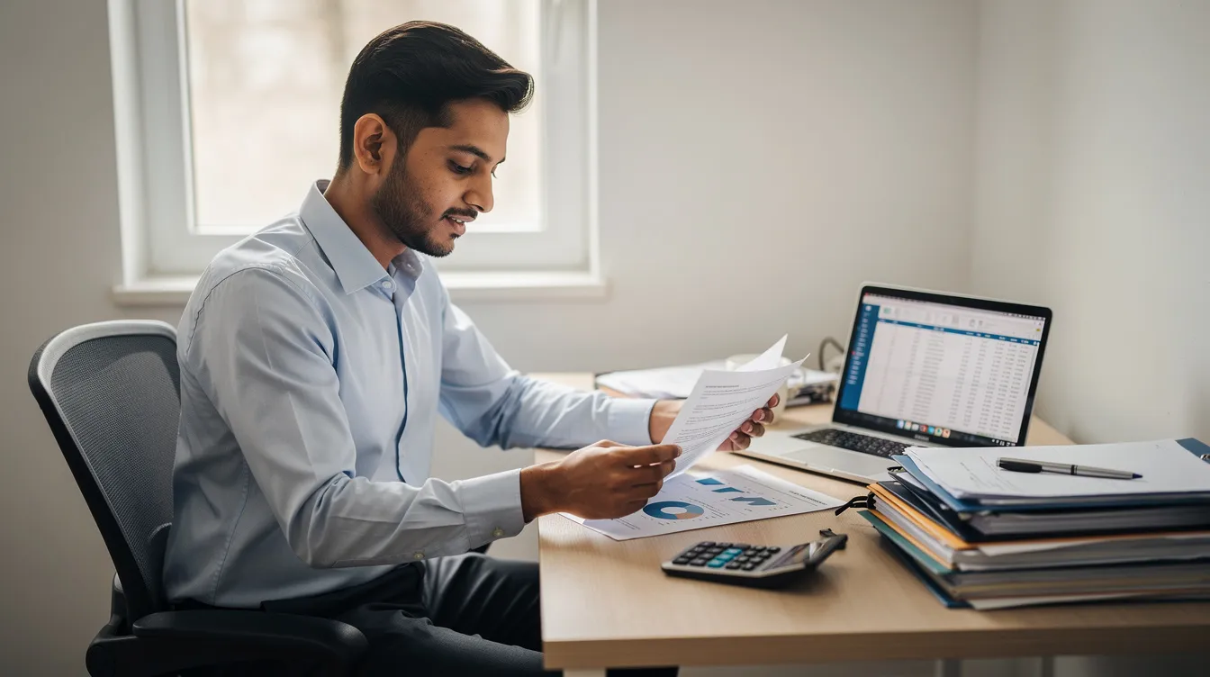 3402ae0a 6c76 455b bc41 8f893ab9c4c2 An Indian entrepreneur is seated at a small office desk, meticulously reviewing financial documents, including cash flow statements and balance sheets, to assess the company's financial health and prepare well-structured CMA data for potential bank loans. The scene reflects a focus on financial analysis and informed lending decisions to ensure the viability and stability of the business.