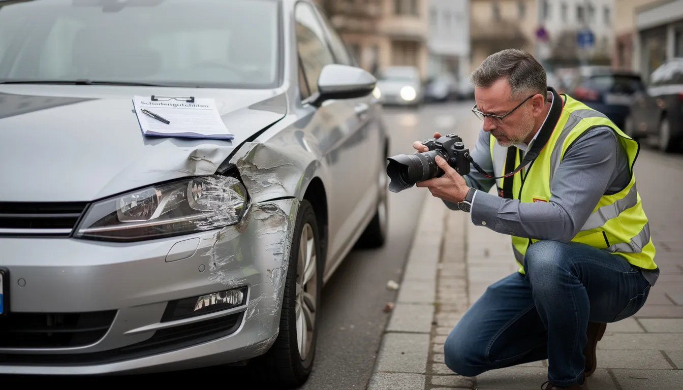 Ein Sachverständiger von Auto Experts Tassone fotografiert mit einer professionellen Kamera einen Fahrzeugschaden, um ein detailliertes Kfz-Gutachten zu erstellen. Diese Begutachtung ist Teil des Vor-Ort-Services für Unfallgutachten in Düsseldorf, um den Schadensfall präzise zu dokumentieren.