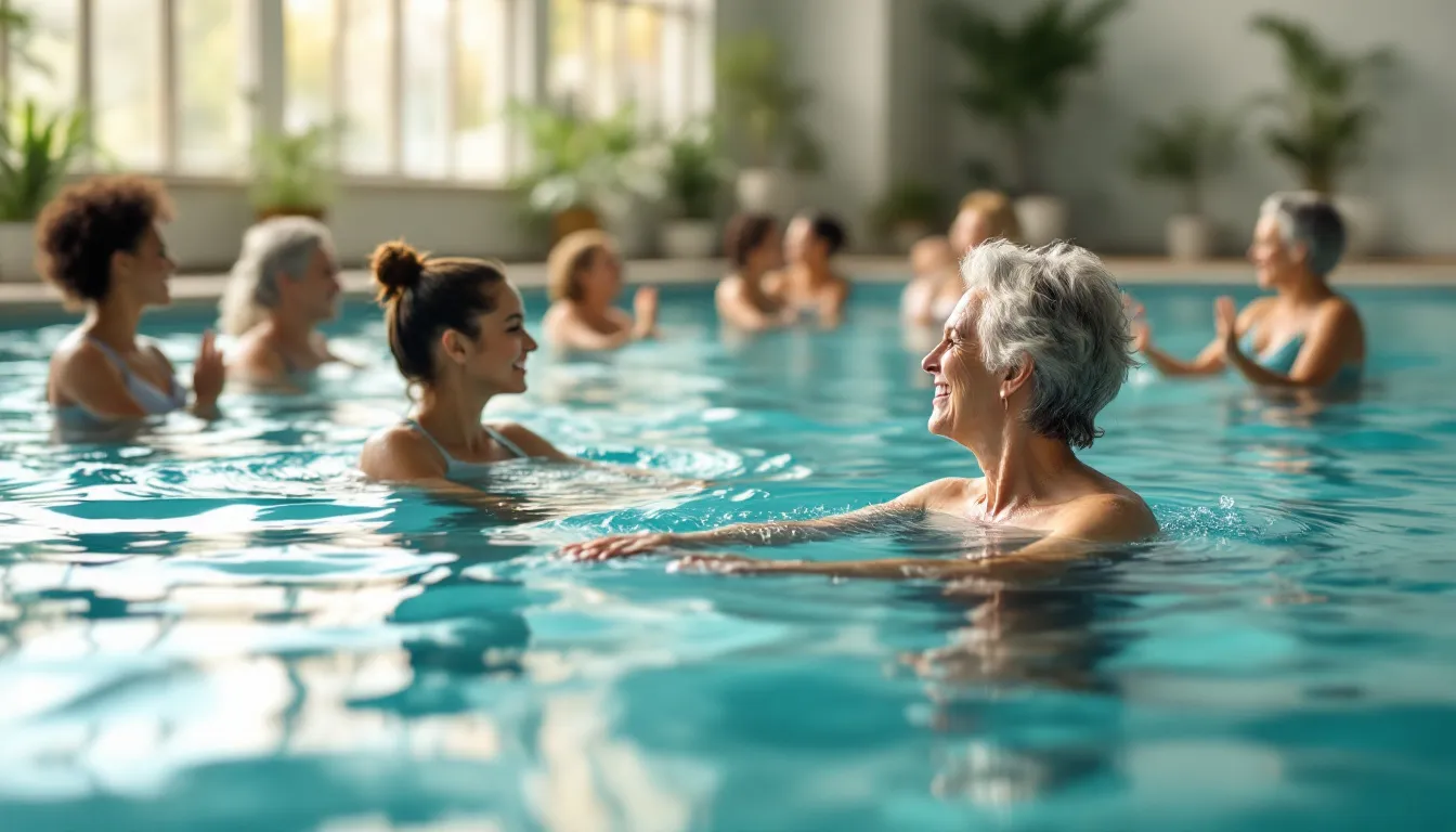 Adults participating in aquatic fitness programs to enhance their physical fitness.