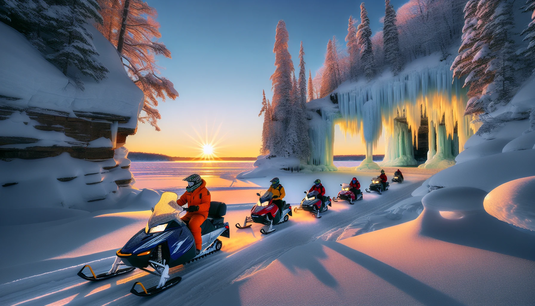 Snowmobilers exploring frozen lakes in Michigan