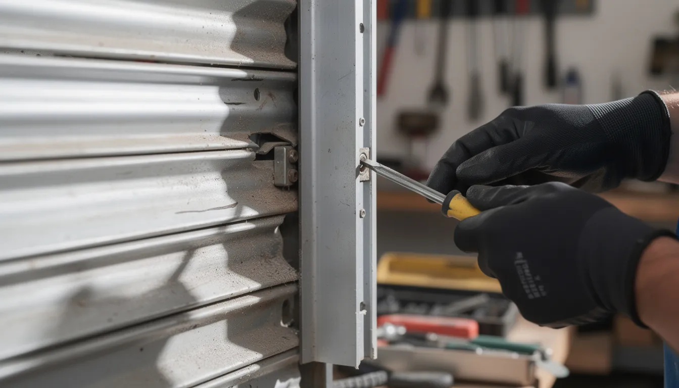 Close-up van rolluiklamellen en geleiders tijdens een herstelling, waarbij een technieker de defecte rolluikmotor controleert en voorbereidingen treft voor de reparatie. De afbeelding toont de binnenkant van het rolluik, met aandacht voor het onderhoud en de werking van de handmatige en elektrische rolluiken.