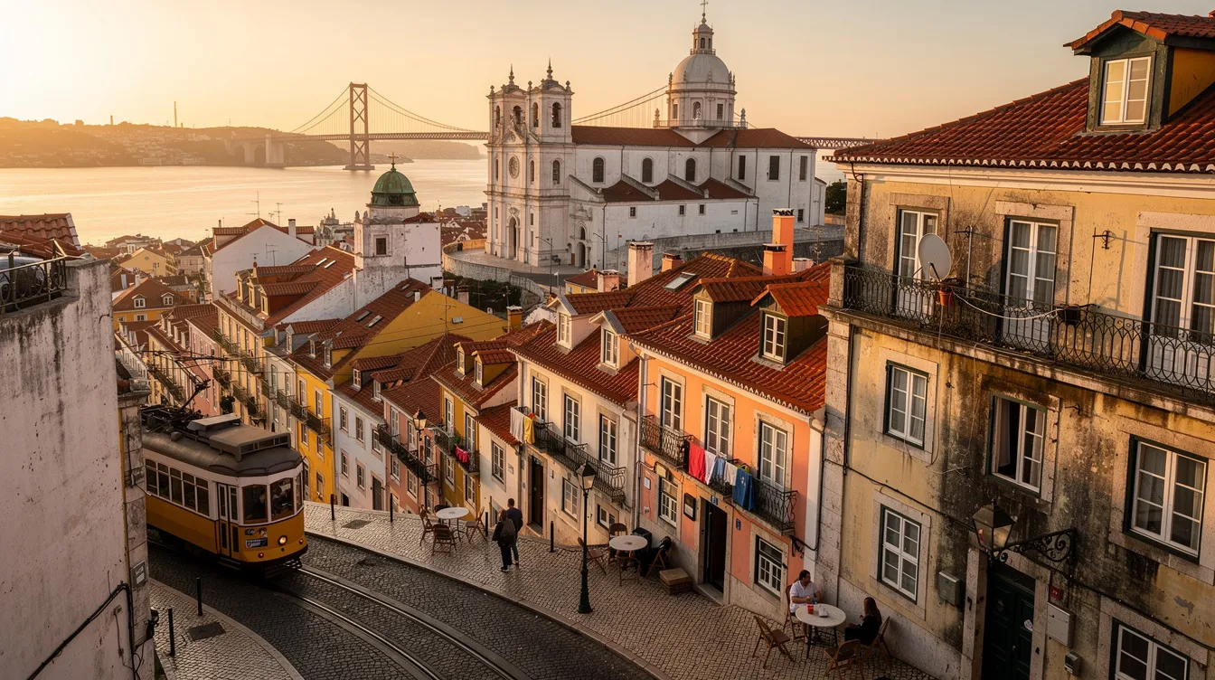 Imagem de Lisboa, Portugal, mostrando o centro histórico da cidade com o icônico Mosteiro dos Jerónimos ao fundo, rodeado por flores e árvores do jardim botânico. A cena captura a vida vibrante dos passeios, com pessoas desfrutando de um pastel de nata em uma das praças, enquanto o Rio Tejo brilha ao sol.
