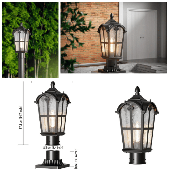 Collage showing a traditional outdoor post lantern with decorative glass and black frame, illuminated at night and by a home entrance. The lamp’s dimensions are provided, highlighting its height and base width for installation reference.