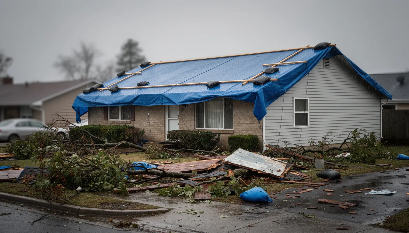 A blue emergency tarp is securely covering a damaged residential roof, with visible storm debris scattered around the site, highlighting the impact of severe weather. This scene underscores the need for prompt storm damage repair services to prevent further damage and restore the property to its pre-loss condition.