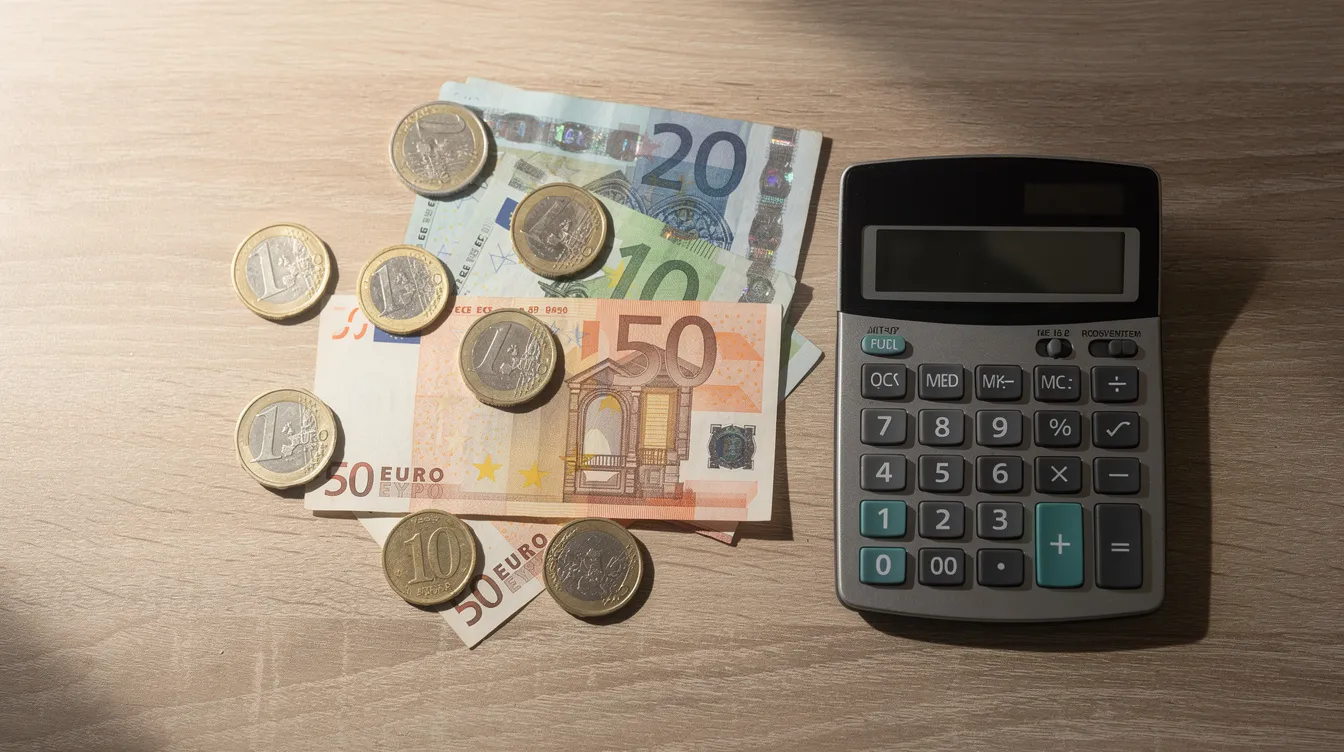 The image shows a collection of euro coins and banknotes neatly arranged on a wooden desk, accompanied by a calculator. This scene evokes the financial aspects of booking travel, such as fees related to visa applications for Ireland or the UK.