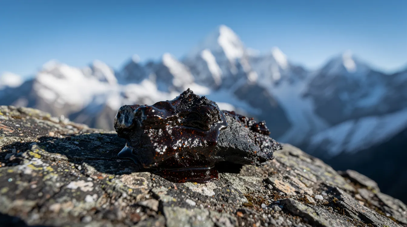 A close-up photograph showcases dark shilajit resin resting on a rocky mountain surface, with majestic snow-capped peaks in the background, highlighting the natural origins of this pure Himalayan shilajit. The image emphasizes the resin's thick and intense texture, reflecting its potential as a health-boosting supplement rich in minerals and fulvic acid.