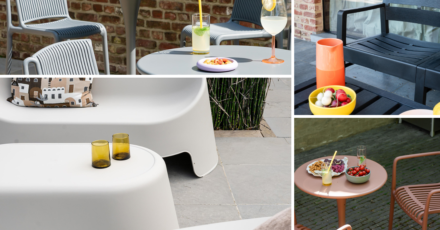 Décoration extérieure utilisée pendant un shooting photo Wilsa Garden avec coussins, fleurs et accessoires de jardin sur une terrasse aménagée
