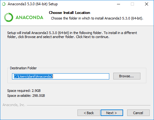 Instalación de Anaconda en Windows: selección de la carpeta de destino para la instalación.