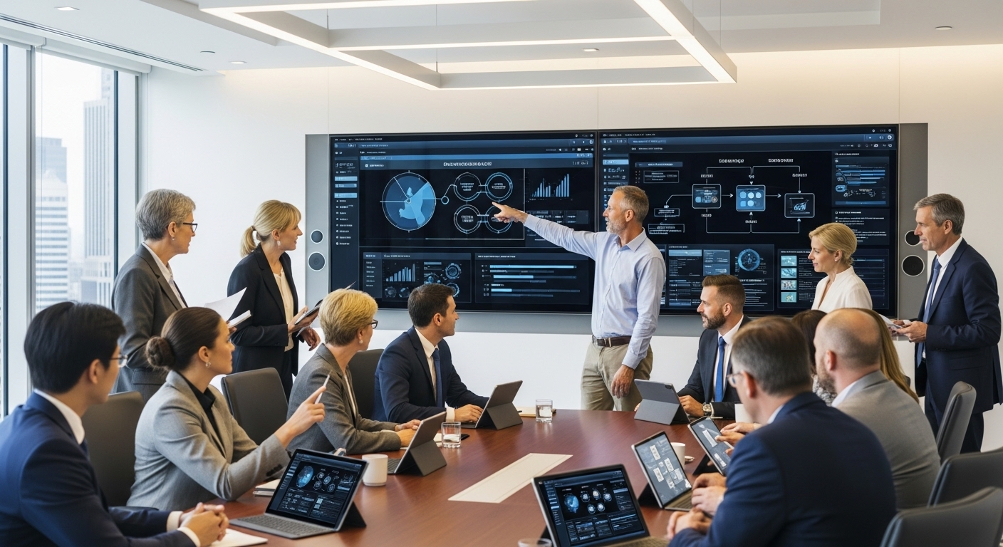 Executive leaders and IT teams collaborating over digital dashboards to align technology with business strategy.