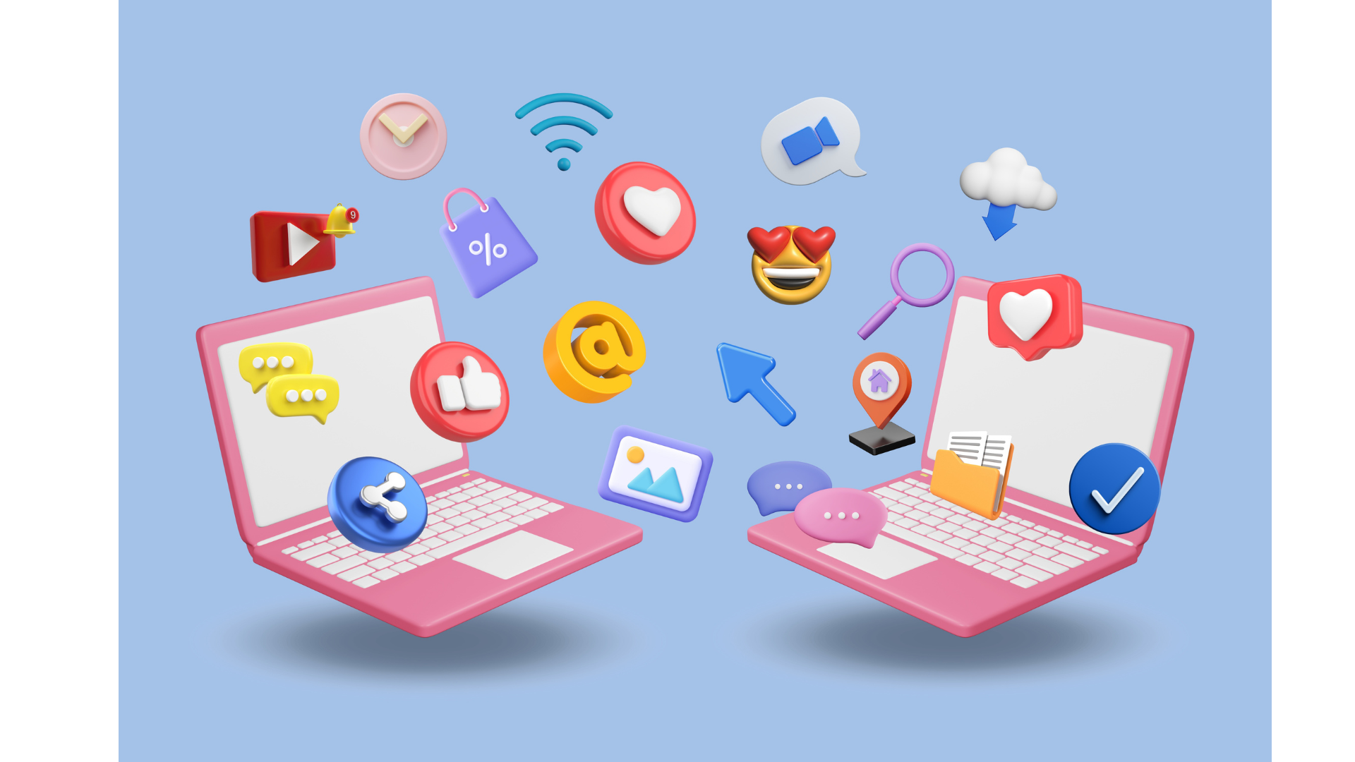 Pink laptops with social media icons floating around them. 
