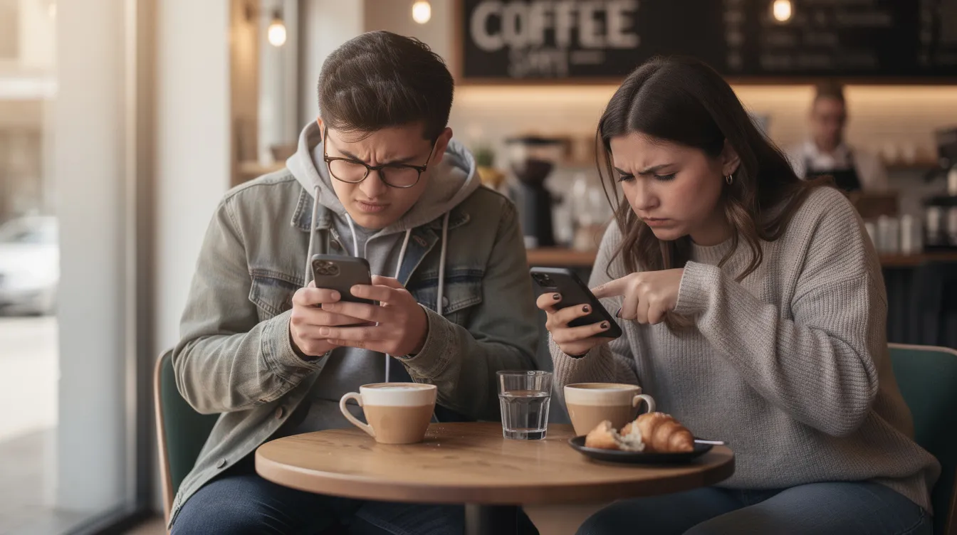 In a coffee shop, two young people sit side by side, both looking at their phones with frustrated expressions, possibly navigating through various dating apps in search of meaningful connections or potential matches. Their body language suggests a struggle with the online dating scene, highlighting the challenges faced by many users in finding genuine relationships.