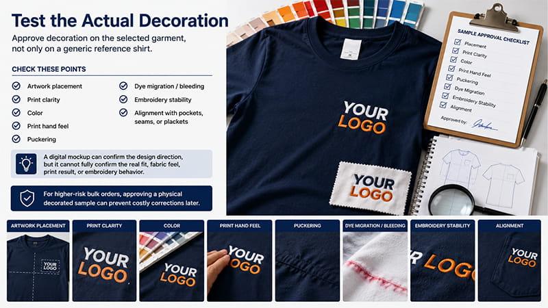 Custom T-shirt decoration sample inspection for print quality, color, placement, and embroidery stability