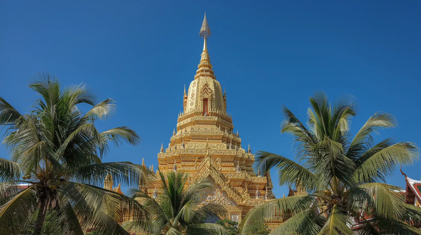 Die goldene Tempelspitze eines thailändischen Wats strahlt vor einem strahlend blauen Himmel, während im Vordergrund tropische Palmen sanft im Wind wiegen. Dieses Bild vermittelt einen Eindruck von der kulturellen Schönheit Thailands und ist ein ideales Ziel für Reisende, die die Ruhe und Gastfreundschaft des Landes erleben möchten.