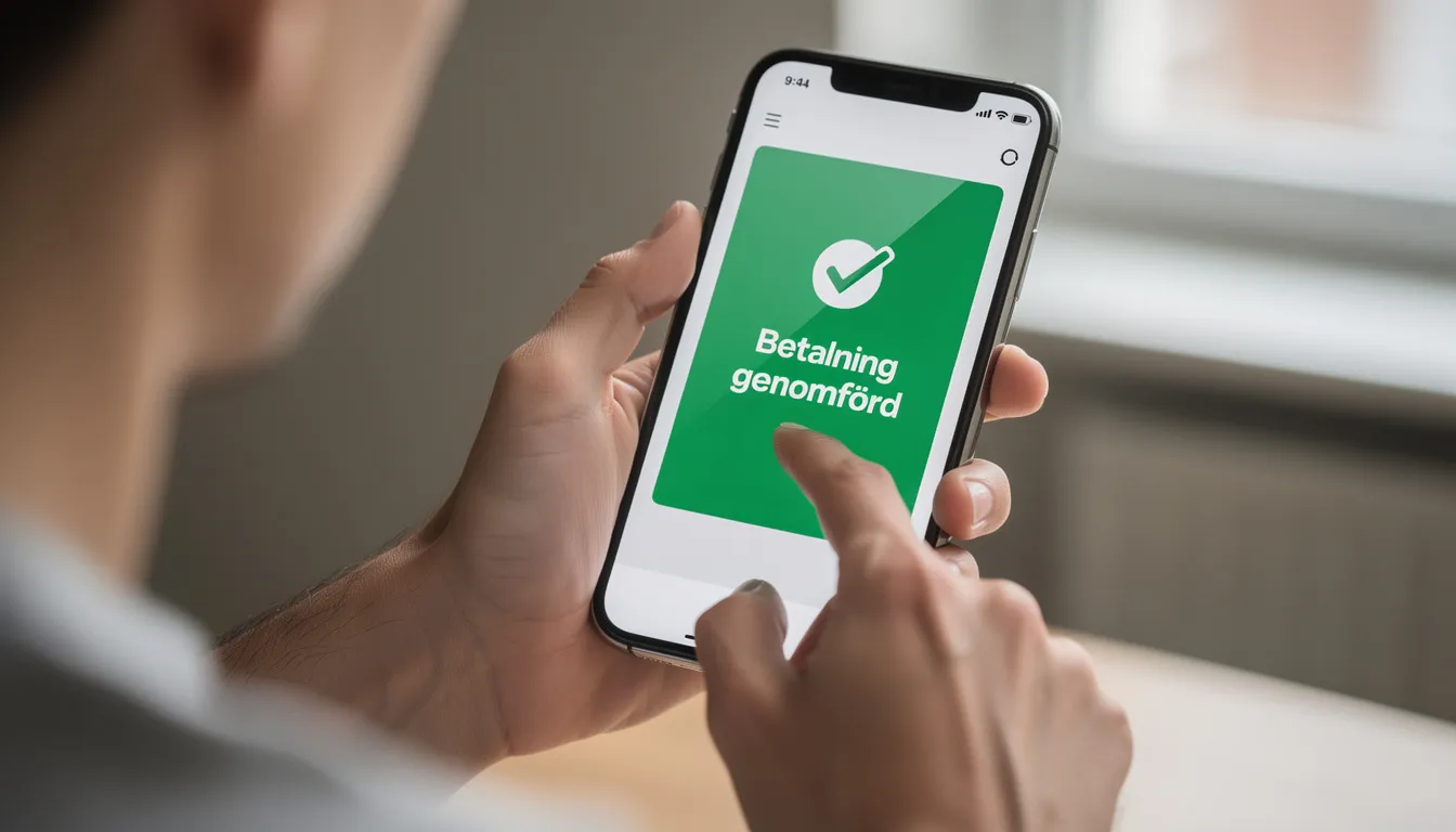 En person håller en smartphone och använder en betalapp, där ett grönt bekräftelsemeddelande visas. Detta kan relateras till att göra snabba insättningar och uttag via swish på ett casino med svensk licens.
