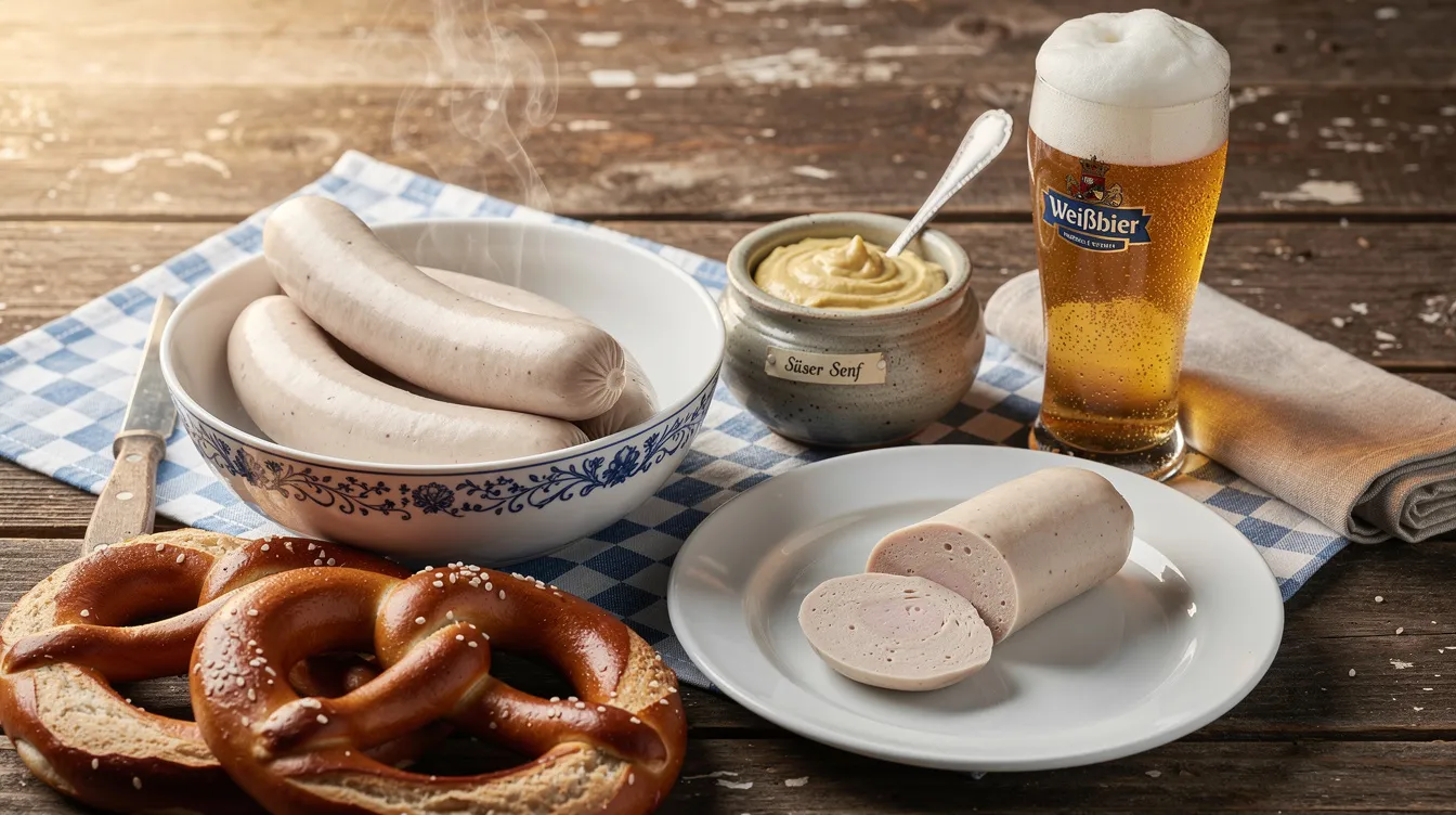 Ein traditionelles bayerisches Weißwurstfrühstück auf einem rustikalen Holztisch, das frisch zubereitete Münchner Weißwürste, knusprige Brezeln, süßen Senf und ein Glas Weißbier zeigt. Die Atmosphäre strahlt bayerische Gemütlichkeit aus und lädt zum Genießen dieser kulinarischen Spezialität ein.