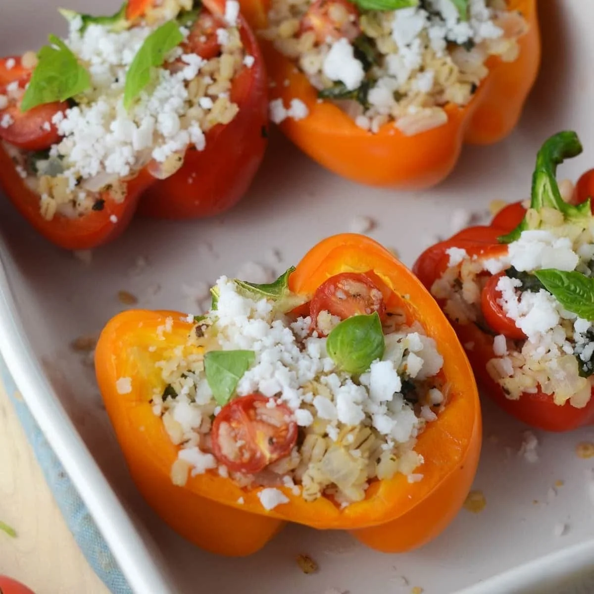 Easy Barley Stuffed Peppers with Basil & Feta 