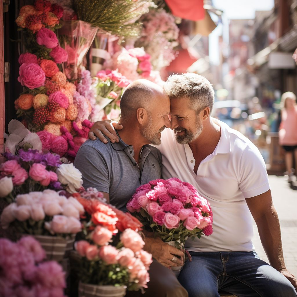 Gay couple with Valentine's Day gifts, smiling and embracing each other
