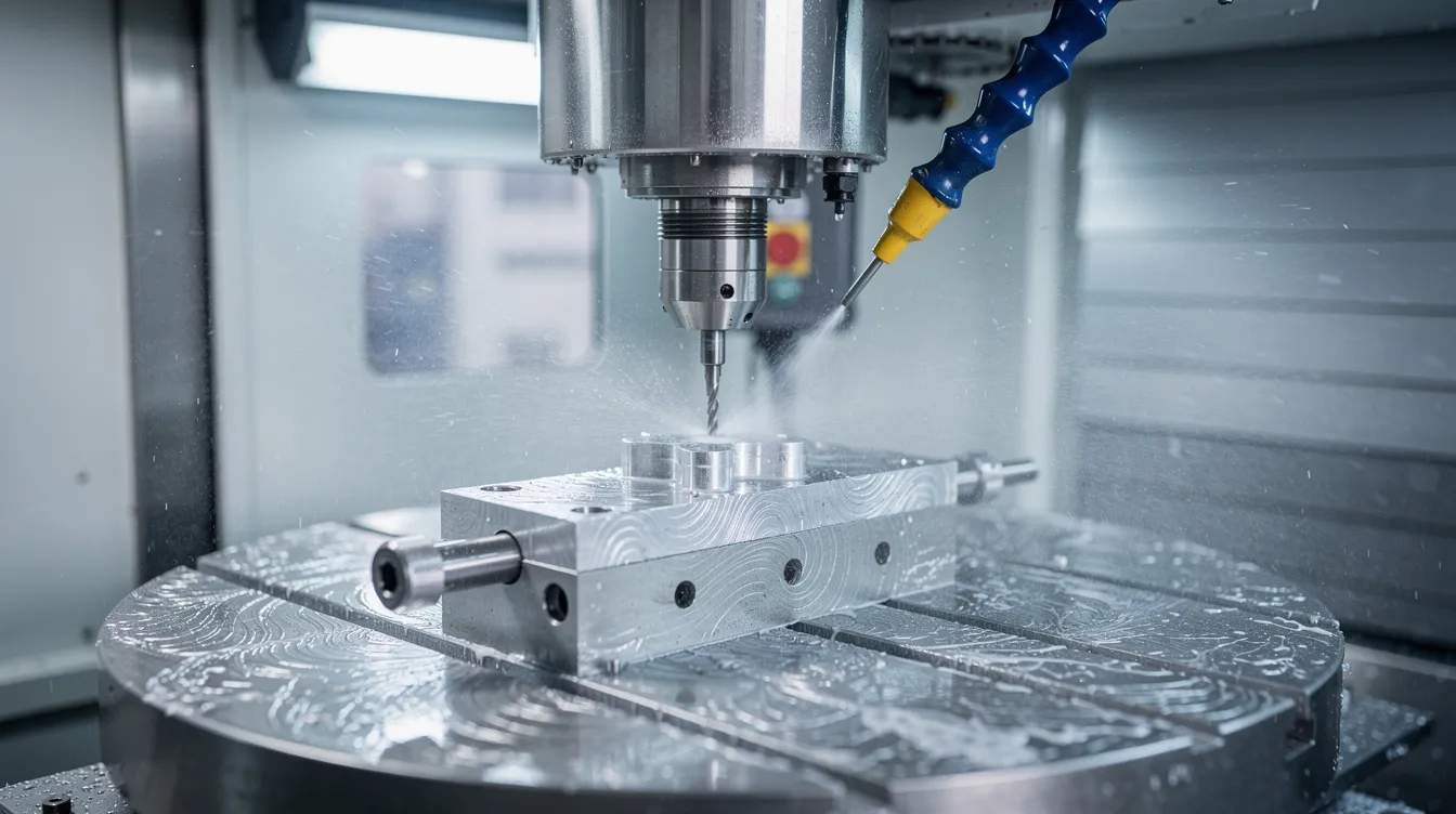 A CNC five-axis milling machine is meticulously cutting a small aluminum component, with a visible mist of coolant enhancing the machining process. This advanced tool offers precision and accuracy, allowing for the creation of intricate components with tight tolerances.