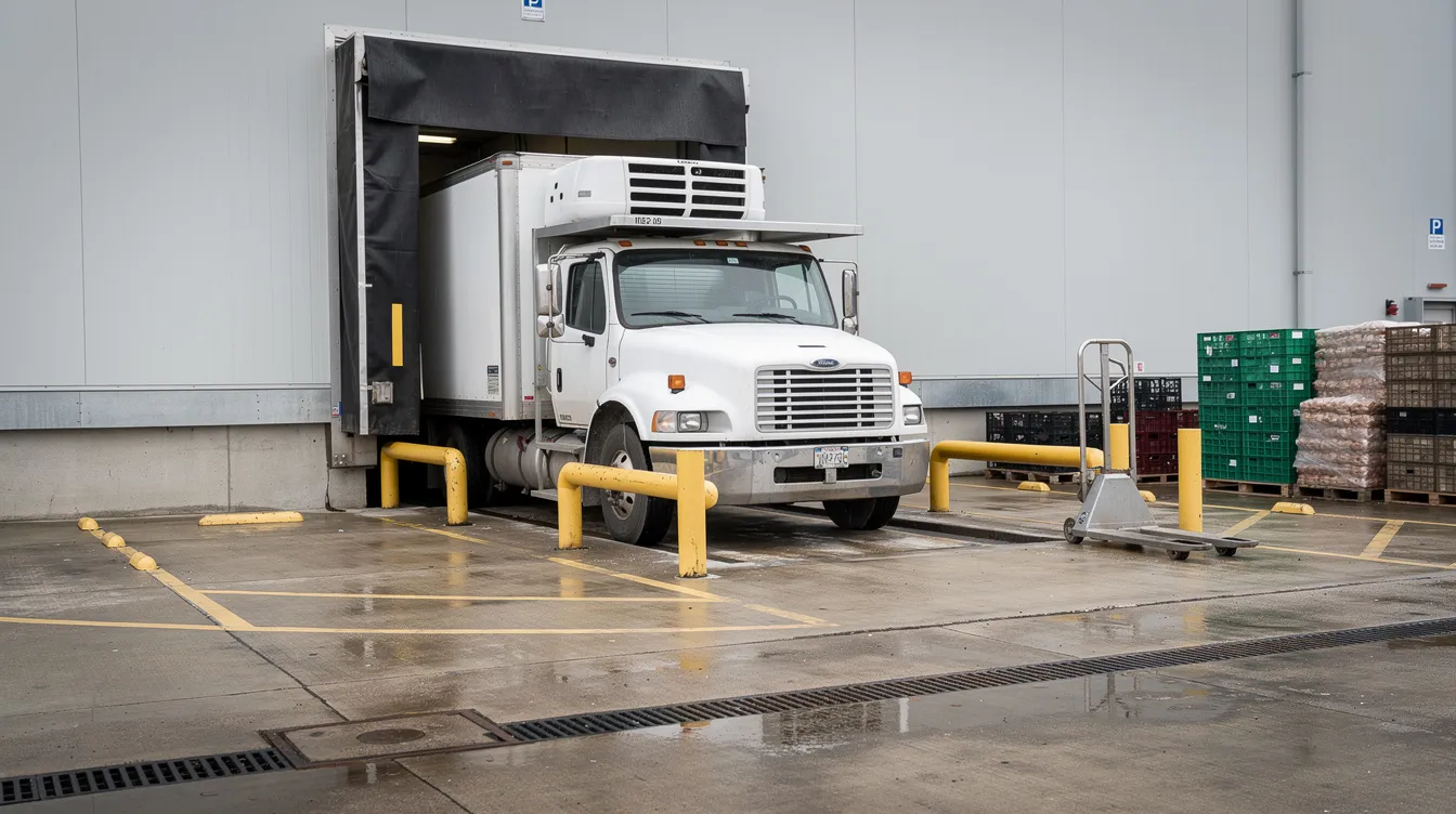 341a42b3 02f0 42a9 9d85 82b6c92301d7 The image depicts a refrigerated loading dock at a food processing plant, where a reefer truck is backed up to the bay door, ready for the transportation of dairy products. This cold storage facility plays a crucial role in maintaining the freshness and nutritional value of perishable foods, ensuring proper temperature control to prevent spoilage during distribution.