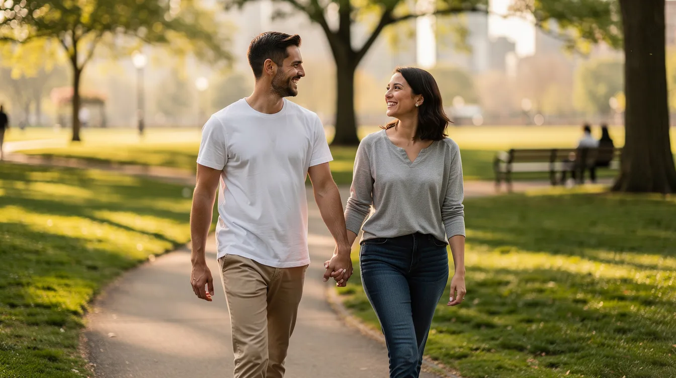 A couple walks together in a park, exhibiting relaxed body language and genuine smiles, embodying emotional availability and fostering a deep emotional connection. Their joyful interaction suggests a safe space where they can express their emotions and cultivate intimacy in their relationship.
