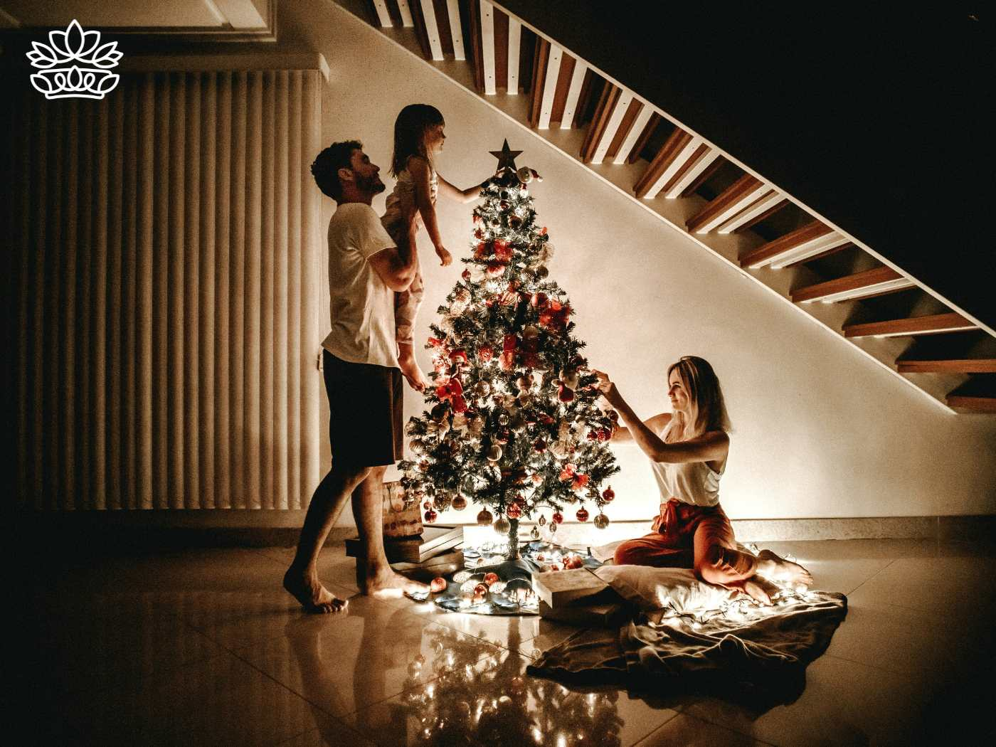 A family moment with a child being lifted to decorate a richly adorned Christmas tree, capturing the warm spirit of the season, available from Fabulous Flowers and Gifts.