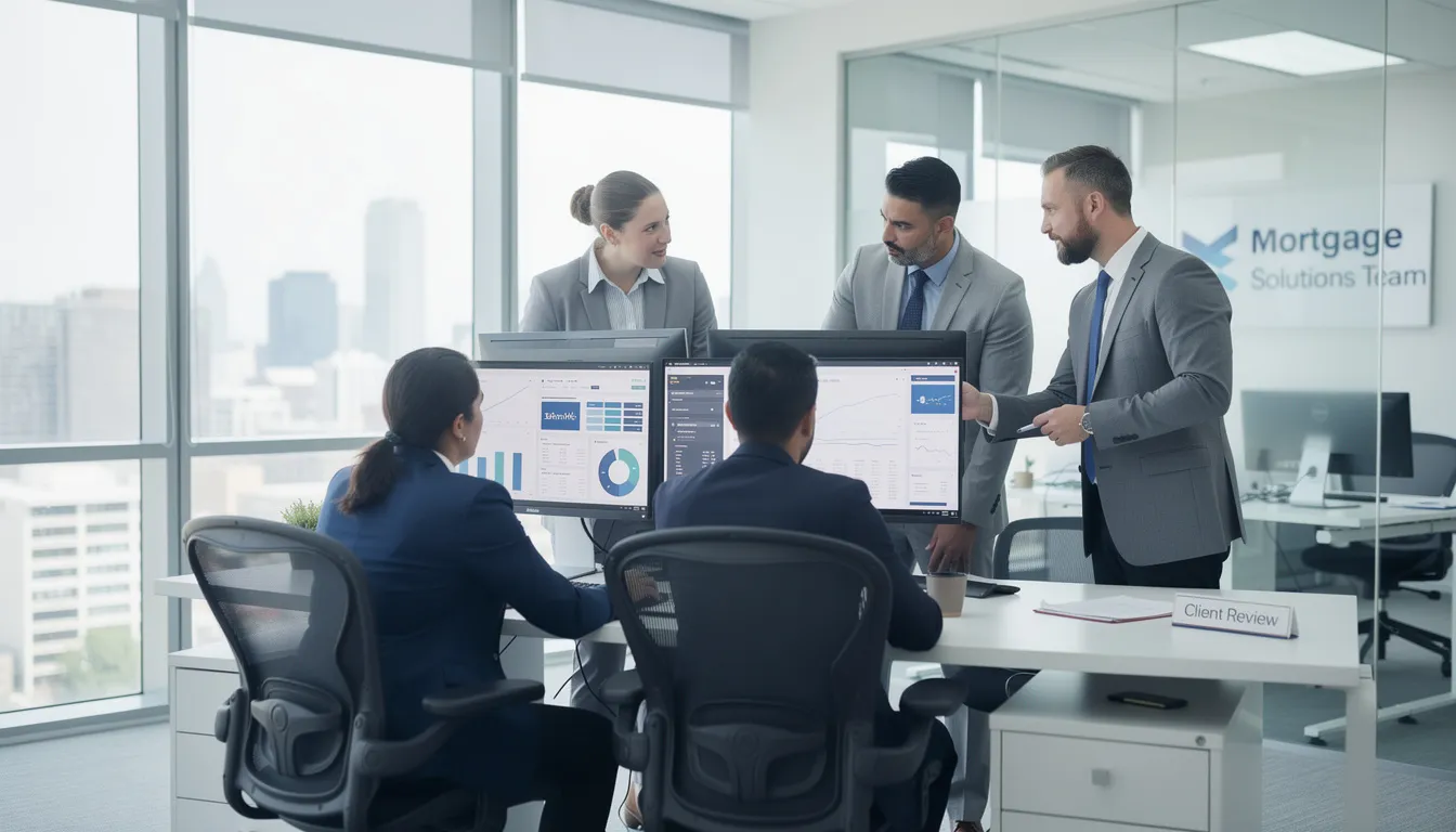 The image shows a professional mortgage team in a modern office, intently reviewing data displayed on multiple computer screens. They are likely analyzing credit reports and discussing eligibility criteria to assist customers in the credit card application process.