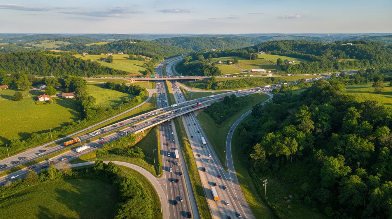 An aerial view captures a bustling highway interchange nestled within the lush green landscape of Tennessee, highlighting the complexity of infrastructure that supports various construction projects in the region. The scene reflects the intricate planning and project management required to navigate the demands of the construction industry amidst the natural beauty.
