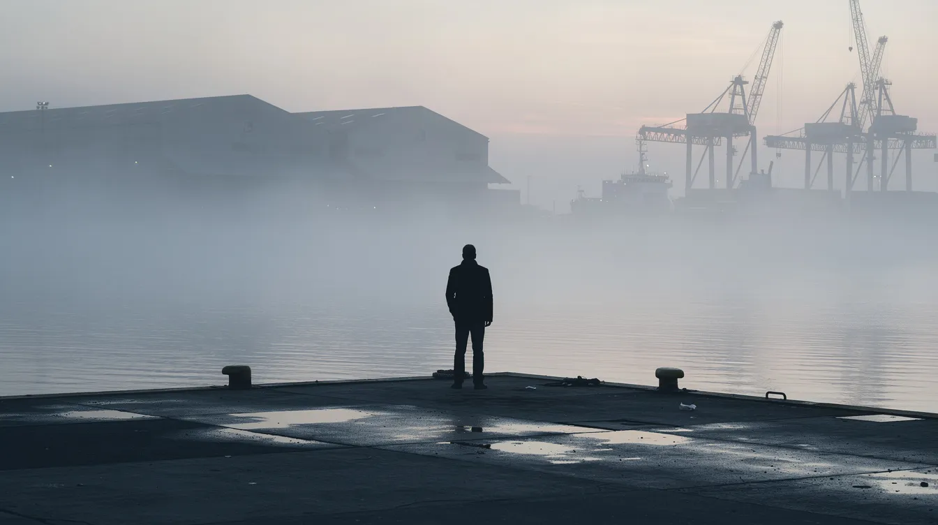 Die einsame Silhouette eines Mannes steht an einem nebligen Hafenkai bei Morgendämmerung, während im Hintergrund Lagerhäuser und Kräne zu sehen sind. Diese Szene erinnert an das Drama "On the Waterfront", in dem Themen wie Arbeit und die Herausforderungen der Hafenarbeiter im Mittelpunkt stehen.
