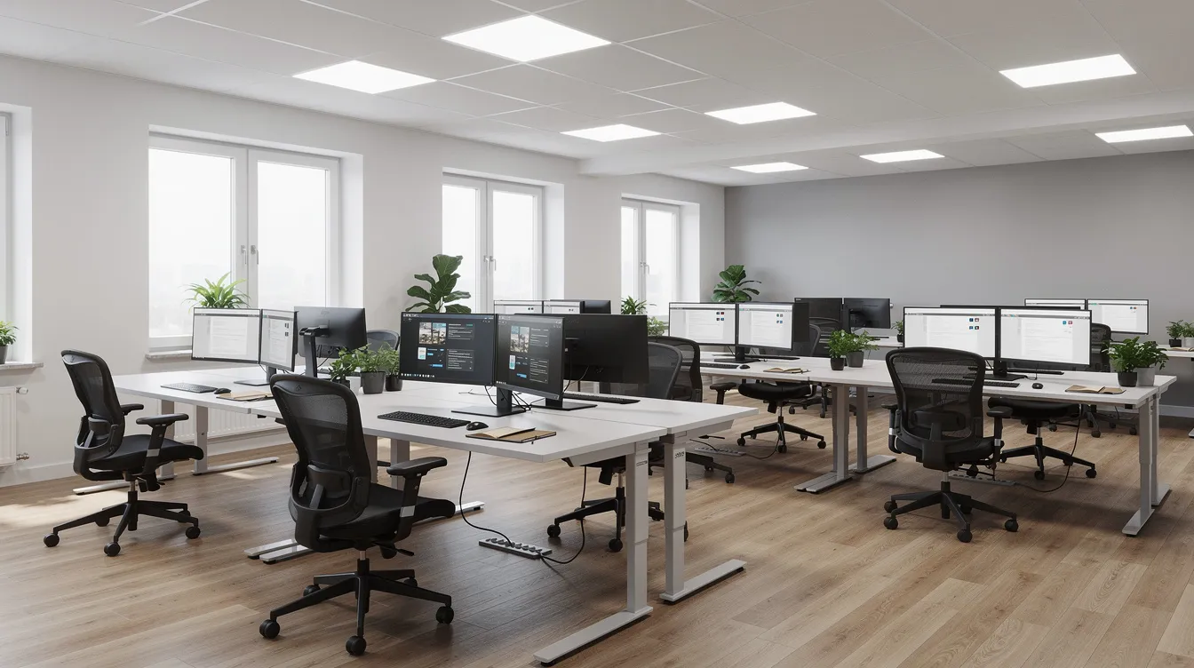 En modern kontorslokal med infällda LED-paneler i taket, som ger ett bra ljus till rummet, samt arbetsplatser med datorskärmar. Belysningen skapar en funktionell och stilren arbetsmiljö.