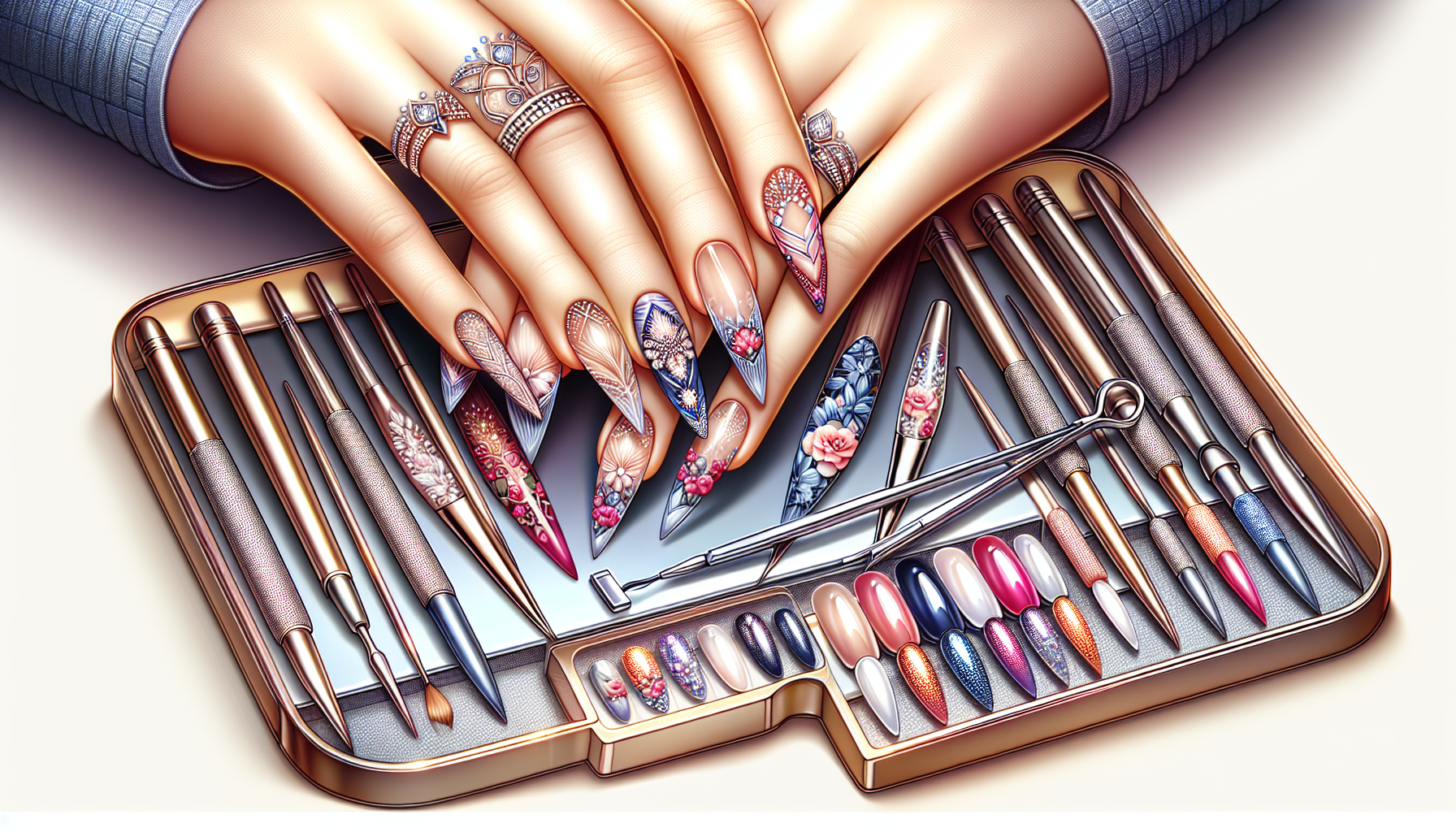 Illustration of advanced nail art techniques with gel polish and nail kit