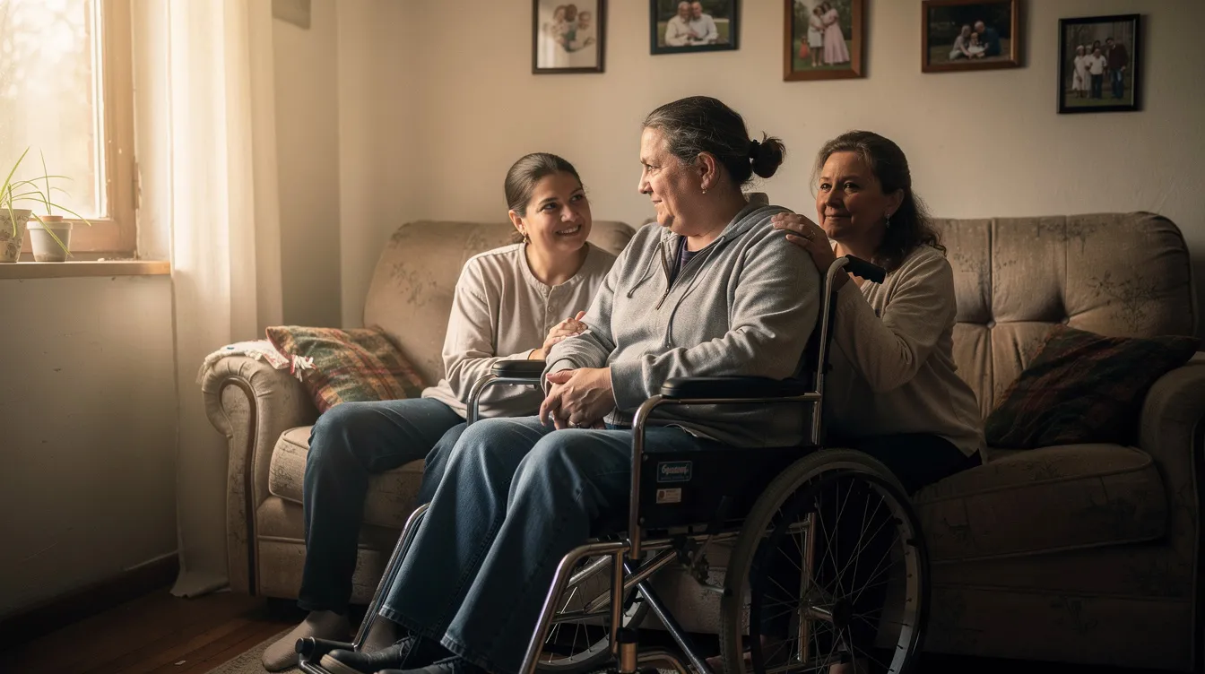 A family is gathered in a modest home, with one member in a wheelchair, all bathed in warm natural light. The scene reflects a sense of togetherness and support, highlighting the importance of financial assistance programs like the Himmat Card in Pakistan for individuals with disabilities.