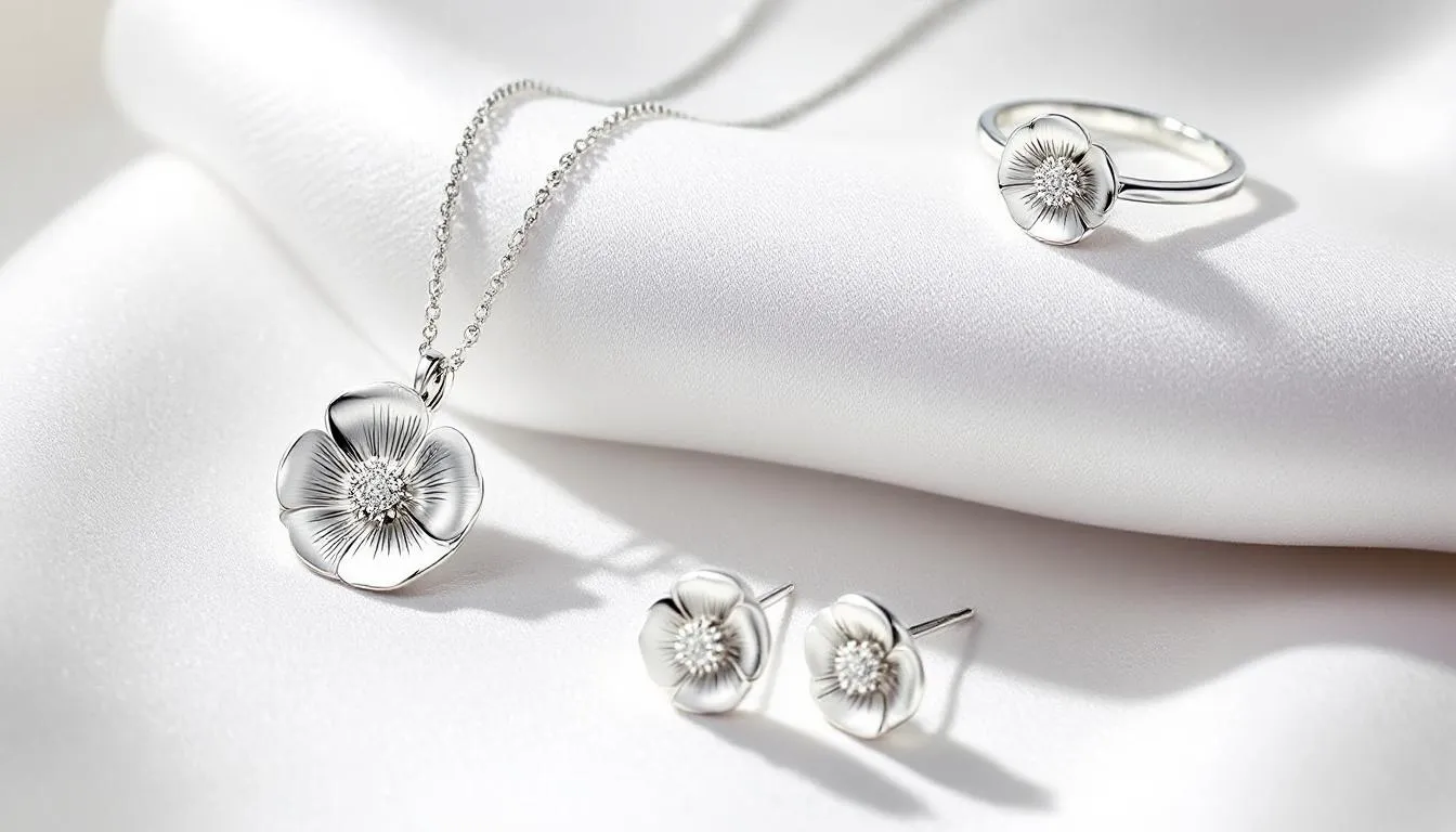 The image showcases the new sterling silver Poppy Jewellery collection, featuring elegant earrings, bracelets, and pendants inspired by the beauty of poppies. This unique collection is designed as a tribute to remembrance, offering a touch of sophistication for those looking to purchase meaningful jewellery.