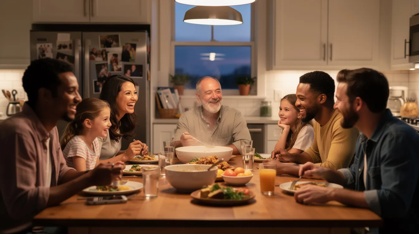 A family gathers around a kitchen table, sharing a meal together with their phones put away, fostering connection and conversation. The scene emphasizes the importance of setting clear goals for family time, creating a measurable and achievable action plan for meaningful interactions.