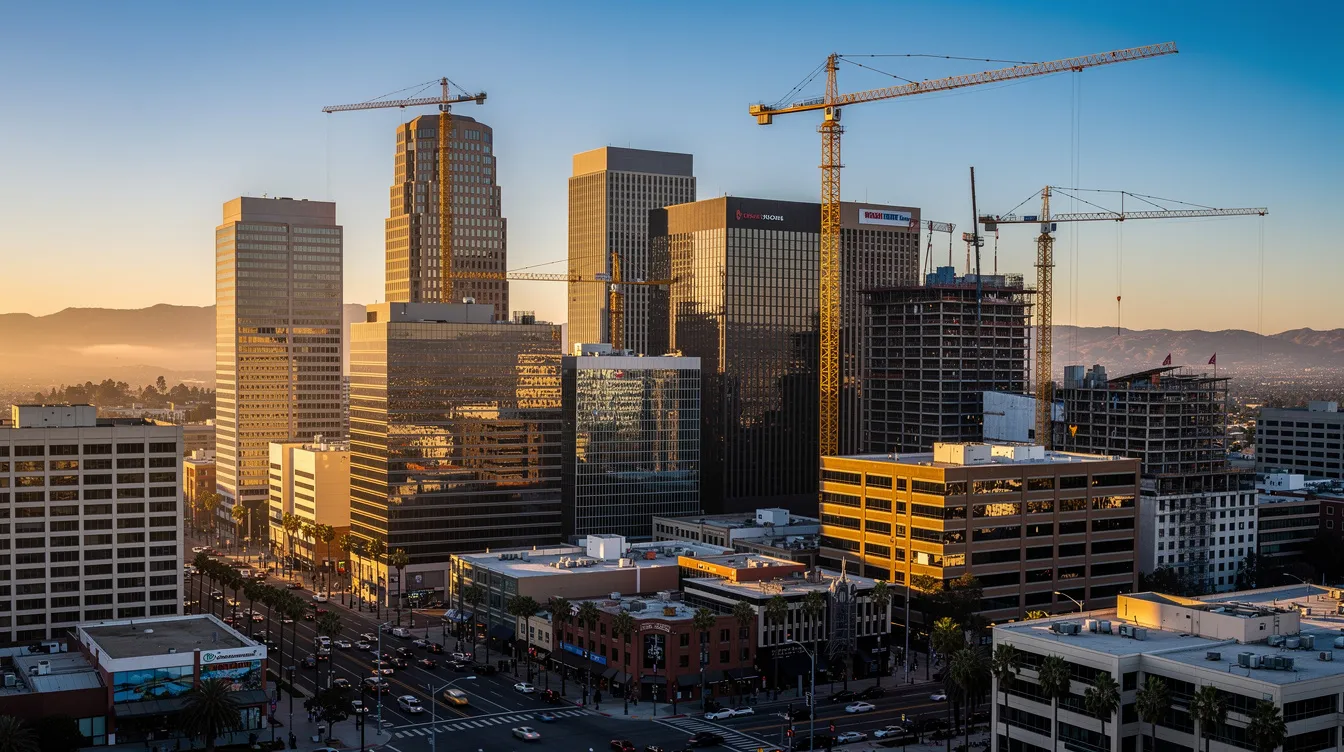 The image depicts the California skyline featuring tall buildings with construction cranes in the background, symbolizing ongoing construction projects. This scene highlights the importance of construction bonds, such as performance and payment bonds, which are essential for ensuring project success and protecting project owners in the construction industry.