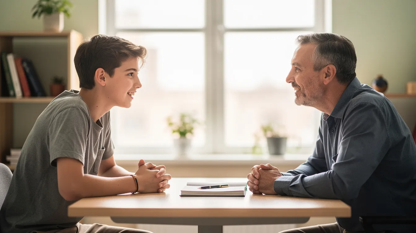 In a calm office setting, a teenager and an adult engage in a meaningful conversation, reflecting positive interactions that can help address oppositional defiant disorder. This supportive environment fosters effective communication and problem-solving skills, essential for managing the child's behavior and improving family dynamics.