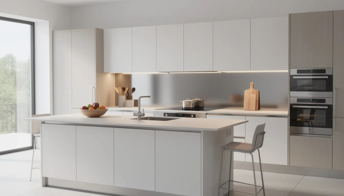 Een moderne keuken met een stijlvolle metalen achterwand achter het werkblad en een keukeneiland, die een industriële look en duurzame afwerking biedt. De wandpanelen van metaal zijn niet alleen esthetisch, maar ook praktisch dankzij hun vochtbestendigheid en brandwerende eigenschappen.