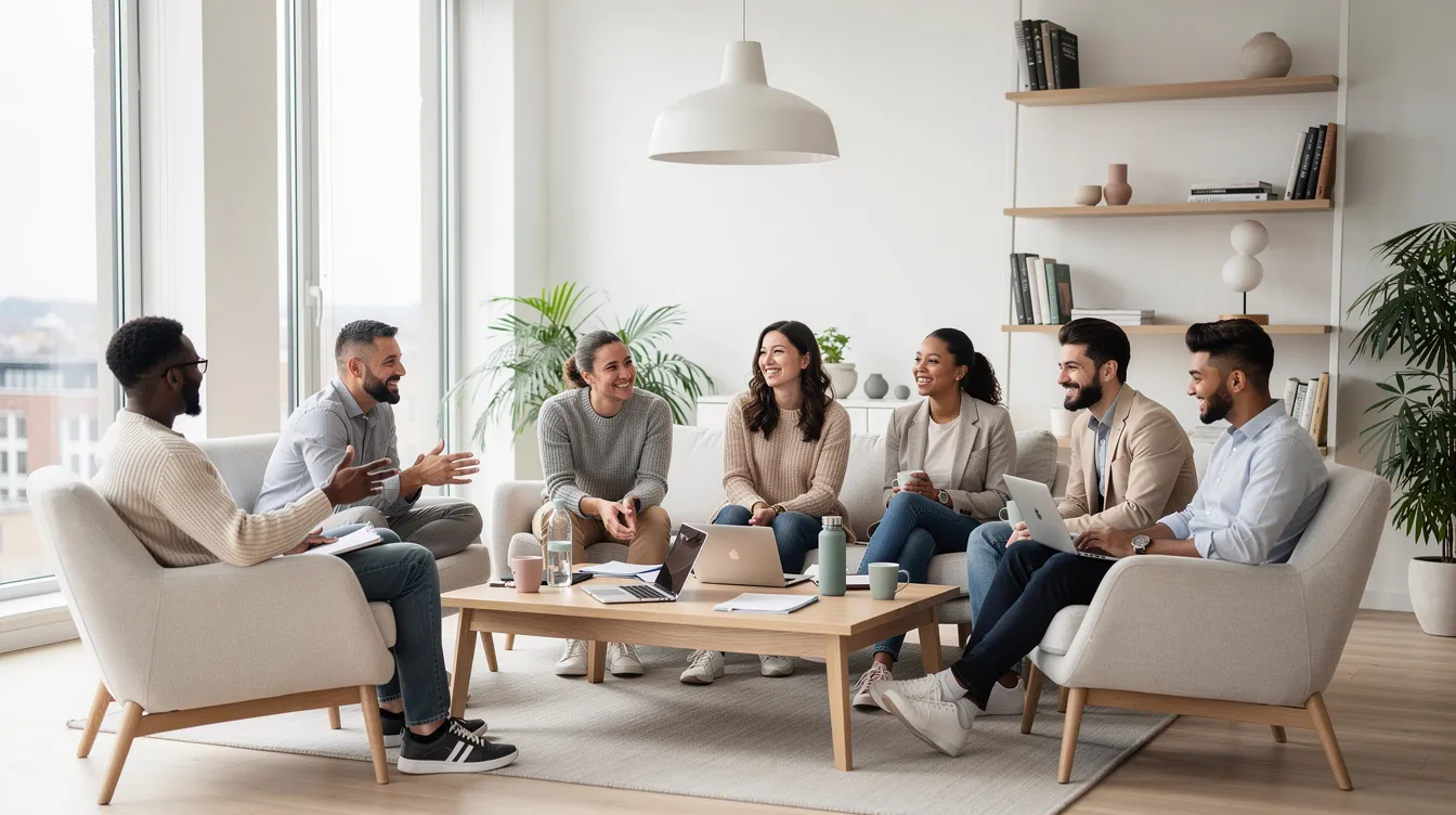 A diverse group of colleagues, including Filipinos and locals, engage in a casual meeting in a bright, modern Scandinavian office in Denmark, showcasing a collaborative work environment. They are discussing the skills and experiences required to build strong professional relationships and navigate the rules of working in a global context.