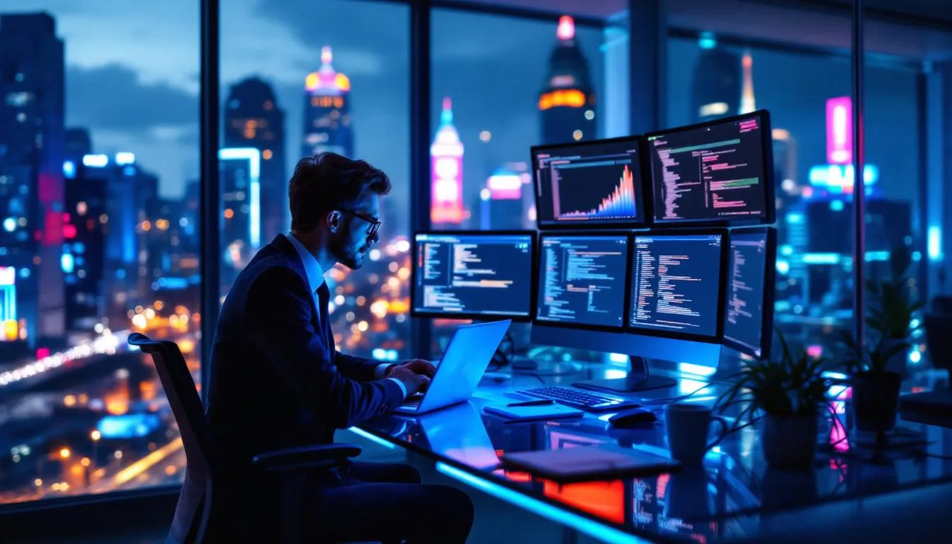 In a modern office illuminated by city lights, a business professional is working late at night, focusing on tasks related to the private equity industry. The scene reflects the dedication and long hours often associated with roles in private equity firms and investment banking.
