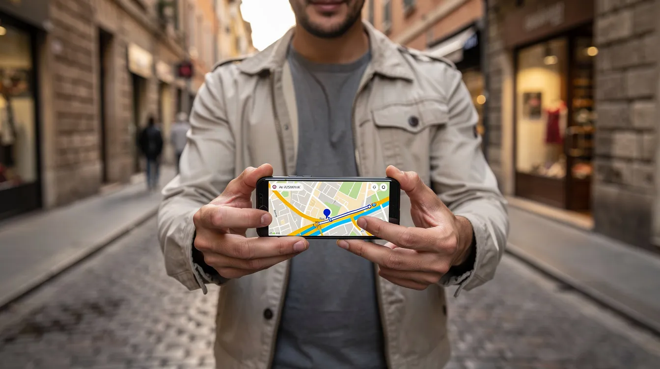 A person stands on a charming European cobblestone street, holding a smartphone displaying a map application, likely using it to locate nearby ATMs for cash withdrawals. The scene captures the essence of navigating through a vibrant city while planning to withdraw cash or exchange currency.