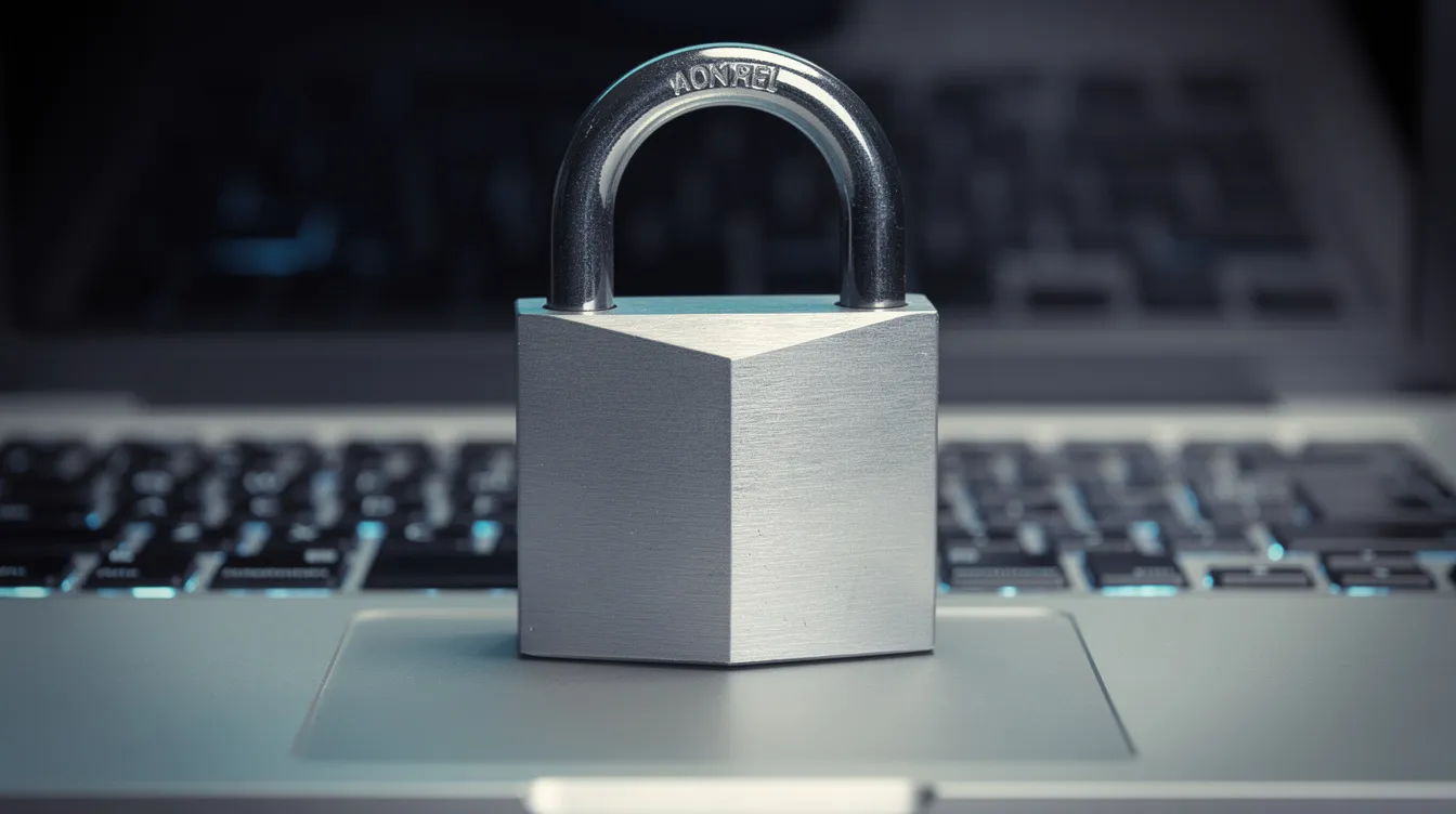 An image of a secure padlock placed on a laptop keyboard symbolizes data protection, emphasizing the importance of securing personal information such as a permanent account number (PAN) and financial transactions related to income tax returns. This visual representation highlights the need for safeguarding sensitive data in the digital age.