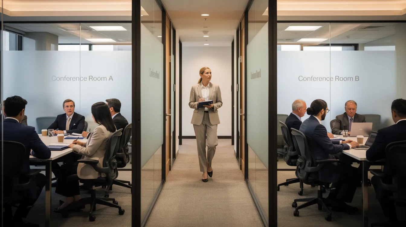 La imagen muestra una sesión de mediación en la que las personas implicadas en disputas por lesiones personales están sentadas en salas de reuniones separadas, mientras un mediador neutral camina entre ellas, facilitando las conversaciones. Esta configuración pone de relieve el proceso de mediación, permitiendo a las partes resolver reclamaciones por lesiones personales de forma eficaz y confidencial.