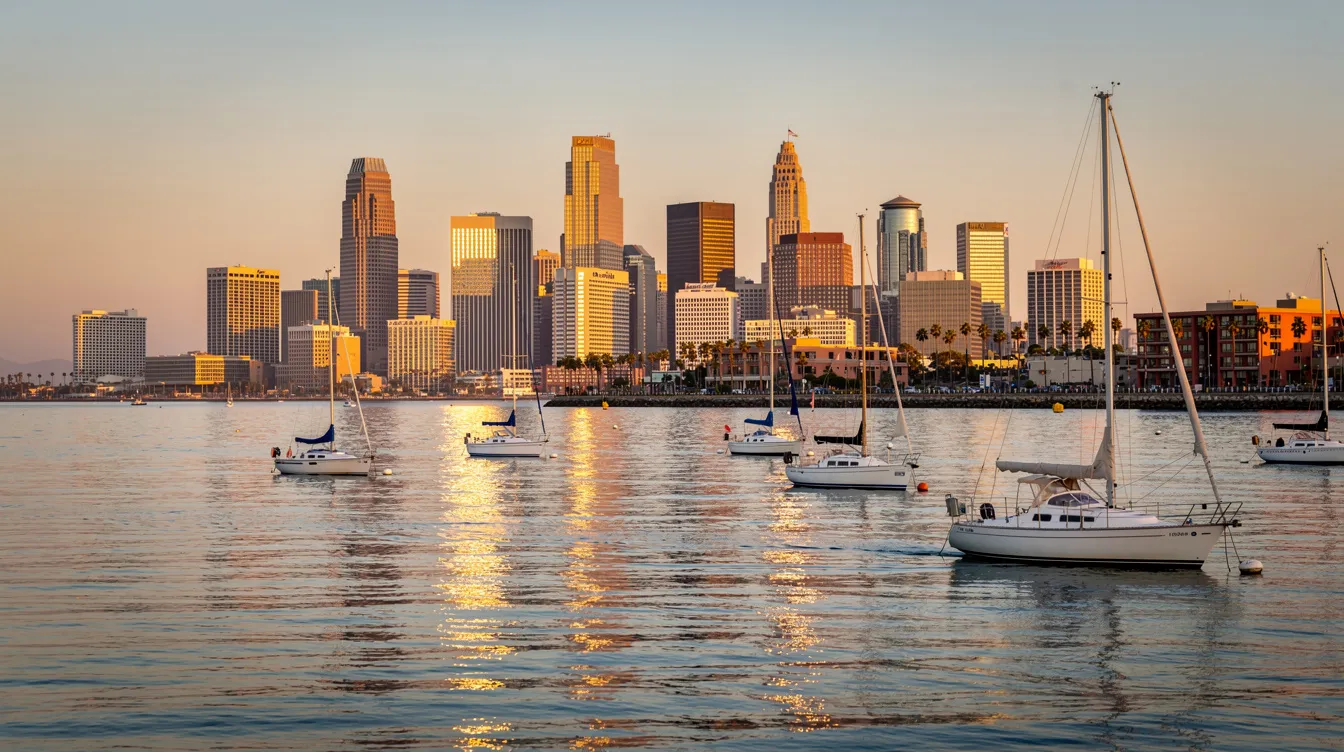 The image captures the stunning San Diego skyline at golden hour, with the vibrant colors of the sunset reflecting off the bay, where boats gently float in the foreground. This picturesque scene highlights the beauty of California's city, perfect for enjoying a romantic evening or exploring the local dating scene.