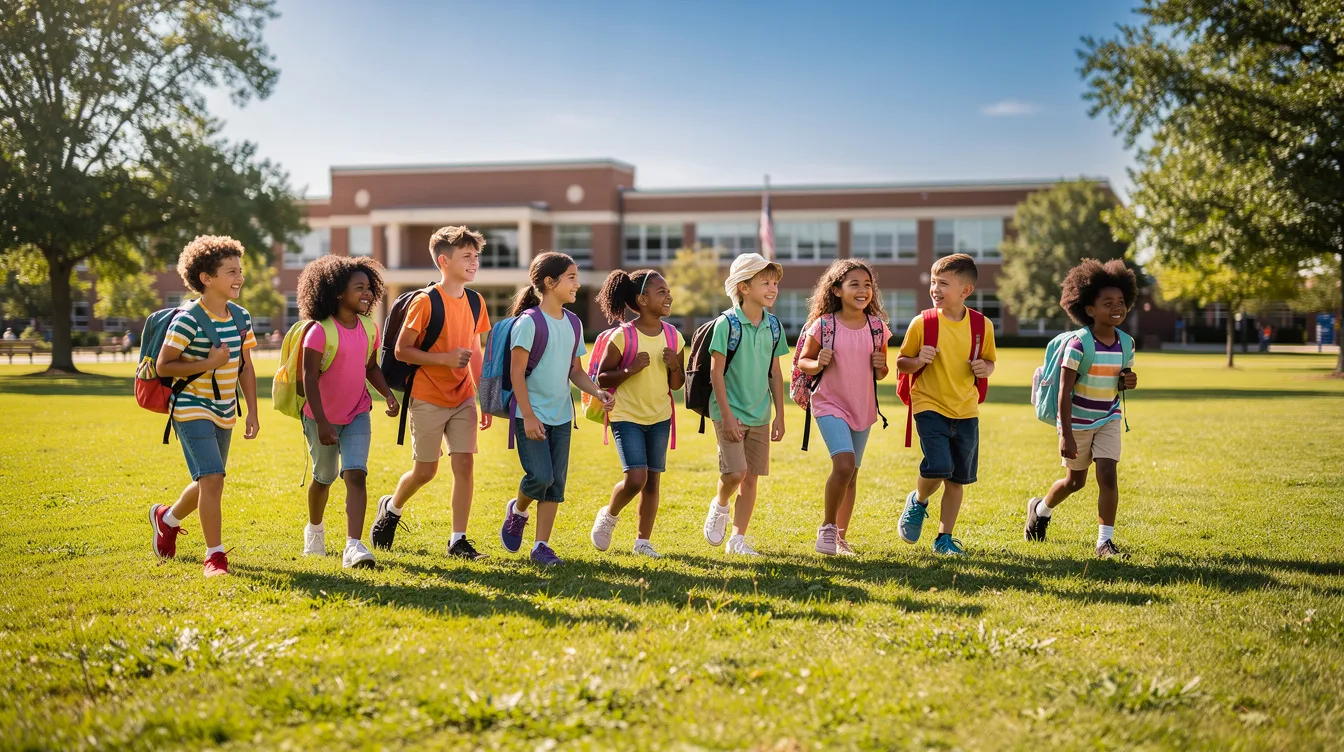 A diverse group of school children, including those with autism spectrum disorder, happily walk together across a sunny school field, showcasing the importance of social interactions and school belonging in mainstream education. Their camaraderie highlights the value of inclusive environments that support all students, including those with special educational needs.
