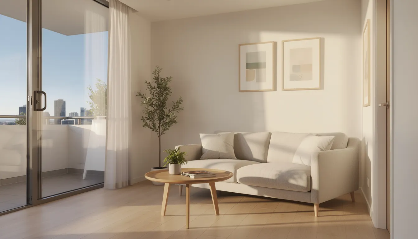 The image depicts a bright and compact Australian lounge room featuring a small sofa with a modern design, a round coffee table, and a large window that floods the space with natural light. This stylish small living room is perfect for small apartments, showcasing a cohesive look with its clean lines and elegant centrepiece.