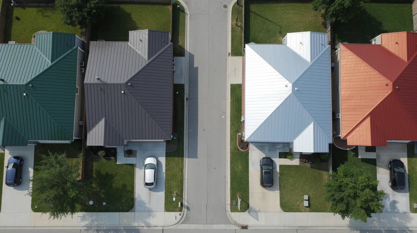 An overhead view of a residential street showcases a variety of homes, each featuring different styles of metal roofs, including standing seam metal roofs and corrugated metal roofs, alongside traditional asphalt shingle roofs. The colorful roofs highlight the diversity of metal roofing materials and their aesthetic appeal in suburban architecture.