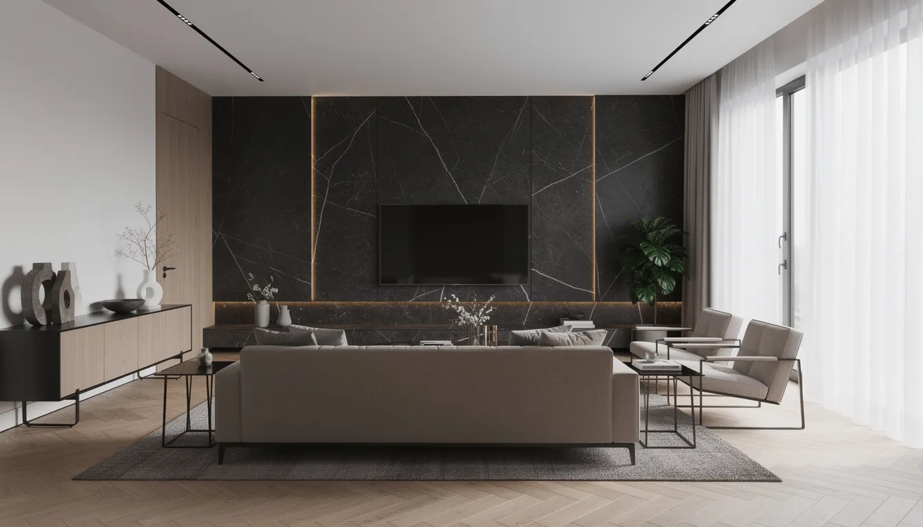 Een moderne woonkamer met een stijlvolle achterwand van donkere marmerlook wandpanelen, gecombineerd met elegante designmeubels, creëert een luxe sfeer. De matte afwerking van de marmerlook panelen geeft de ruimte een tijdloze uitstraling en een esthetisch aantrekkelijke ambiance.