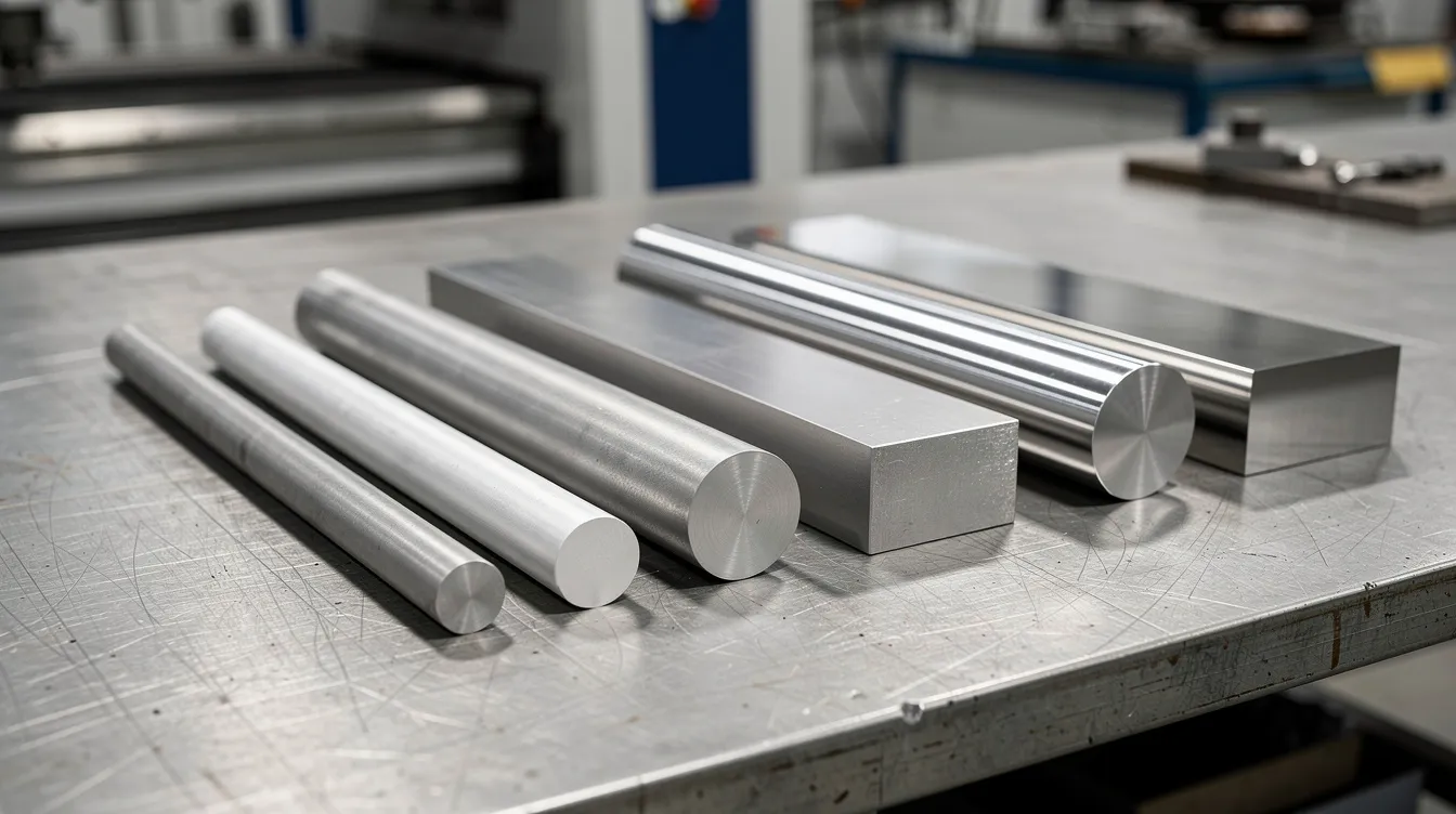 The image shows a variety of metal billets and bars, including aluminum, titanium, and stainless steel, neatly arranged on a workshop table, highlighting the raw materials used in precision machining processes. This setup reflects the essential components for successful precision machining in various industries, including aerospace and automotive.