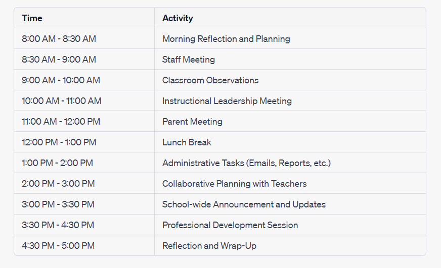 A Principal Daily Schedule Template